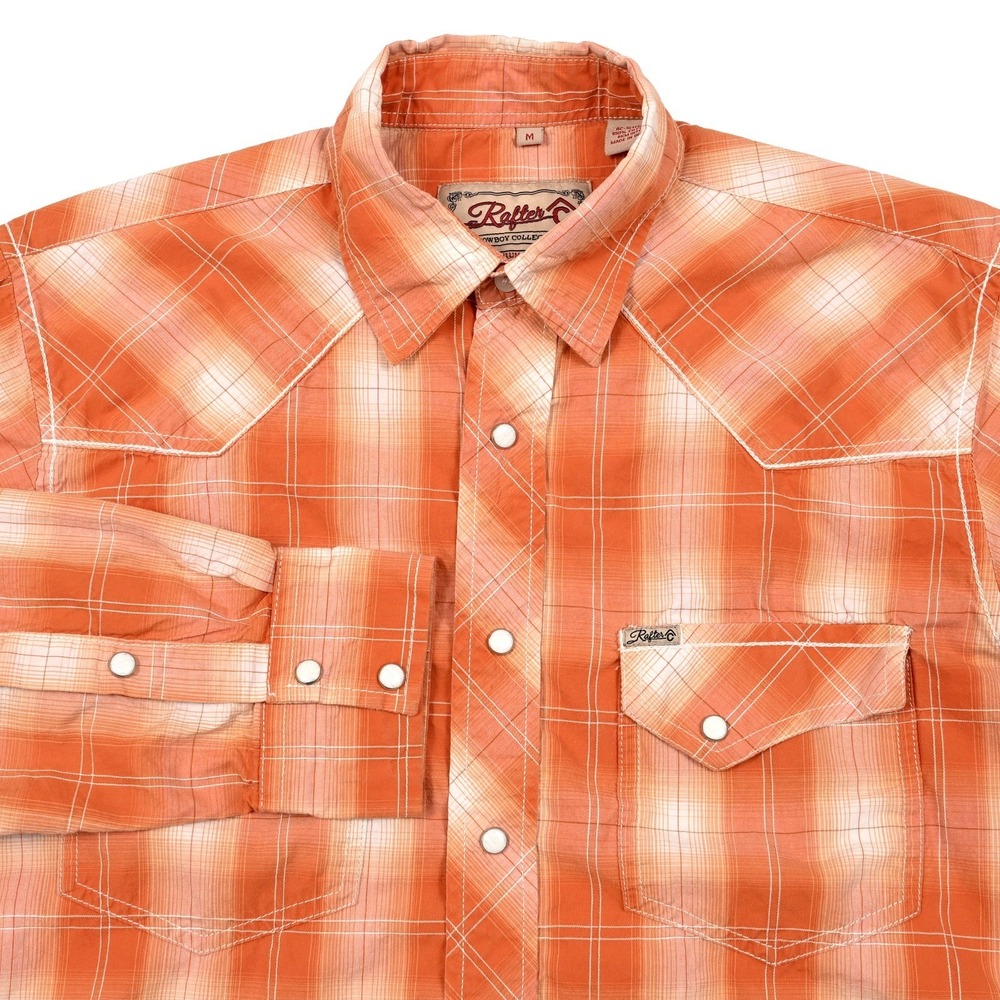 Rafter C Cowboy Collection Mens Medium Orange Plaid Western Pearl Snap L/S Rodeo